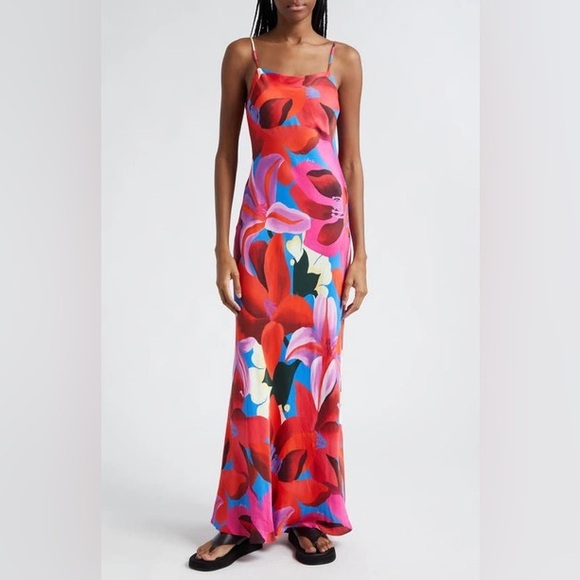 FARM Rio Dresses & Skirts - FARM RIO Floral Satin Maxi Dress In Watercolor Floral Blue, Size Large, $245